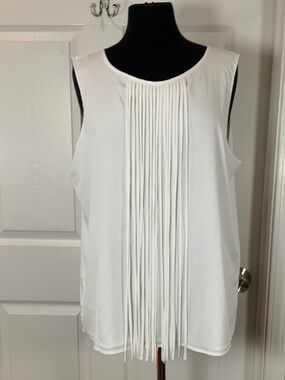 Calvin Klein White Fringe Sleeveless Blouse Top NWT XL Flowy Statement